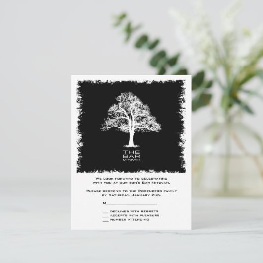 Tree of Life Bar Mitzvah Reply Card Black RSVP Karte (Stehend Vorderseite)
