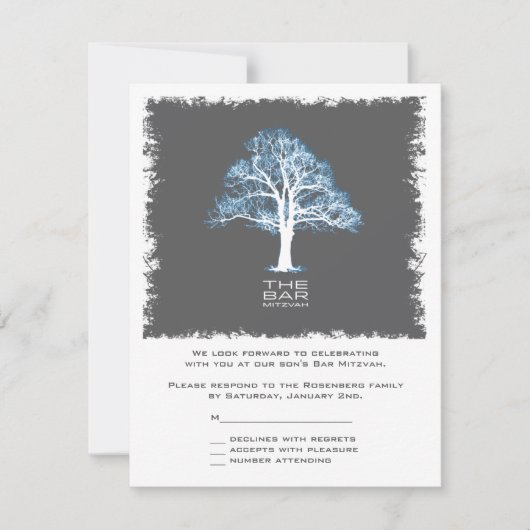 Tree of Life Bar Mitzvah Reply Card, blau und grau RSVP Karte (Vorderseite)