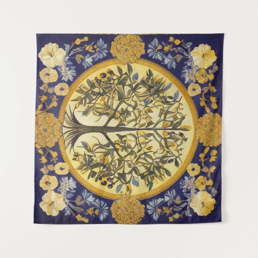 Tree of Life by Kedoki Blue Gold Stickerei Wandteppich (Vorderseite (Horizontal))