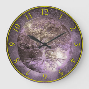 Tree of Life Clock Lila und Gold Große Wanduhr