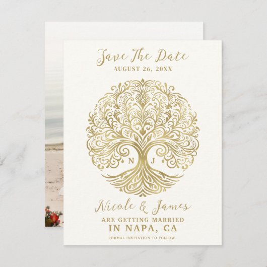 Tree of Life Cream & Gold Celtic Save the Date Einladung (Vorne/Hinten)