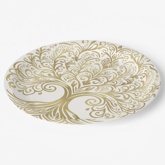 Tree of Life Cream & Gold Celtic Wedding Pappteller (Schrägansicht)