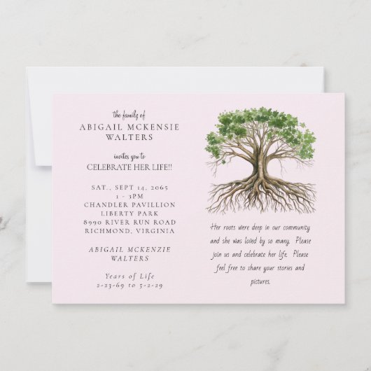 Tree of Life Deep Roots Pink Celebration of LIfe Einladung (Vorderseite)