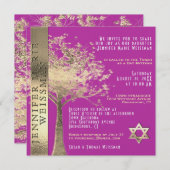 Tree of Life Gold and Gold and Pink Bat Mitzvah Einladung (Vorne/Hinten)