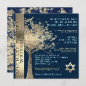 Tree of Life Gold and Navy Blue Bar Mitzvah Einladung (Vorne/Hinten)