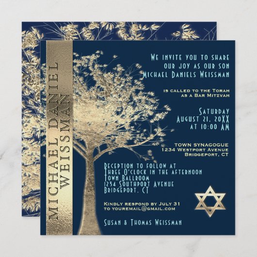 Tree of Life Gold and Navy Blue Bar Mitzvah Einladung (Vorne/Hinten)