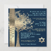 Tree of Life Gold and Navy Blue Bar Mitzvah Einladung (Vorderseite)