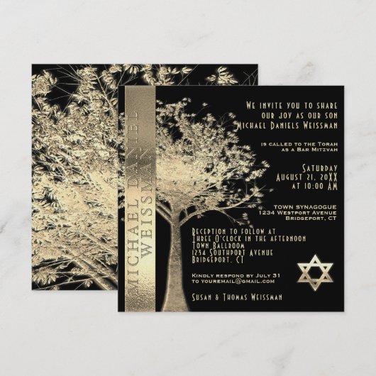 Tree of Life Gold und Black Bar Mitzvah Einladung (Vorne/Hinten)