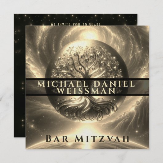 Tree of Life Gold und Black Bar Mitzvah Einladung (Vorne/Hinten)