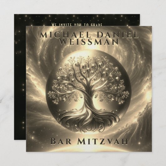 Tree of Life Gold und Black Bar Mitzvah Einladung (Vorne/Hinten)