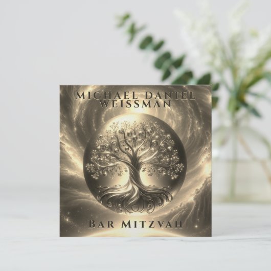 Tree of Life Gold und Black Bar Mitzvah Einladung (Stehend Vorderseite)