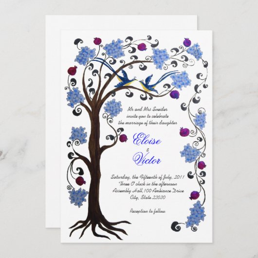 Tree of Life Hochzeit Einladung (v) blau/weiß (Vorne/Hinten)