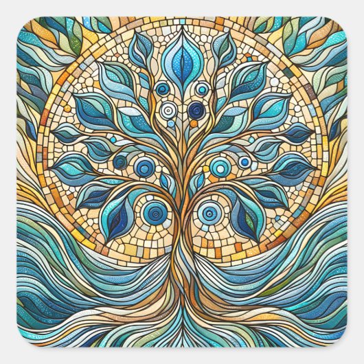 Tree of Life Shattered Glass Mosaic Aqua Blues Quadratischer Aufkleber (Vorderseite)