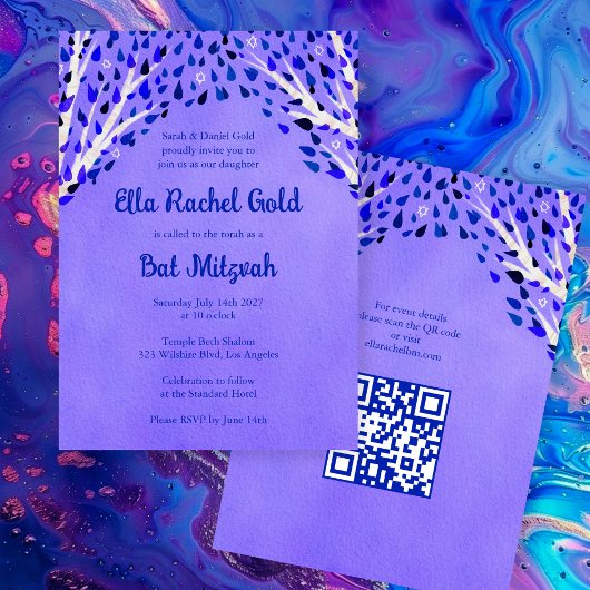 Tree of Life Stars Custom Bat Bar Mitzvah QR Code Einladung