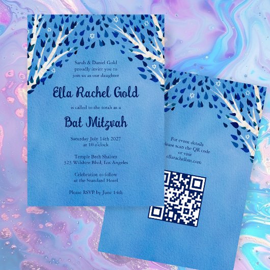 Tree of Life Stars Custom Bat Bar Mitzvah QR Code Einladung
