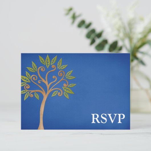 Tree of Life Wirbel Blue Bar Mitzvah UAWG RSVP Karte (Stehend Vorderseite)