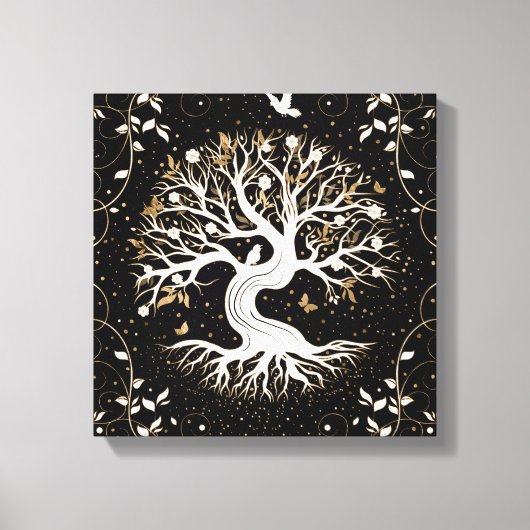 Tree of Life - Yggdrasil - black white and gold Leinwanddruck (Vorderseite)
