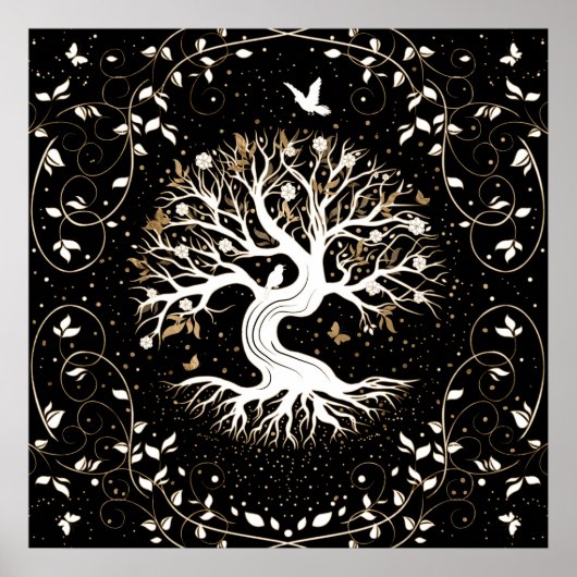 Tree of Life - Yggdrasil - black white and gold Poster (Vorne)