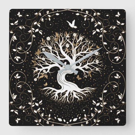 Tree of Life - Yggdrasil - black white and gold Quadratische Wanduhr (Vorderseite)