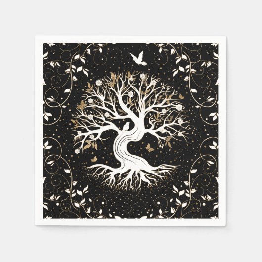 Tree of Life - Yggdrasil - black white and gold Serviette (Vorderseite)