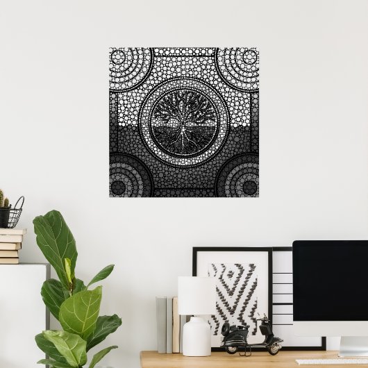 Tree of life - Yggdrasil - Dot Art Grayscale Poster (Heimbüro)