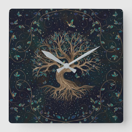 Tree of Life - Yggdrasil Quadratische Wanduhr (Vorderseite)
