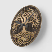 Tree of life -Yggdrasil - Wood Bark and Gold Runde Wanduhr (Winkel)