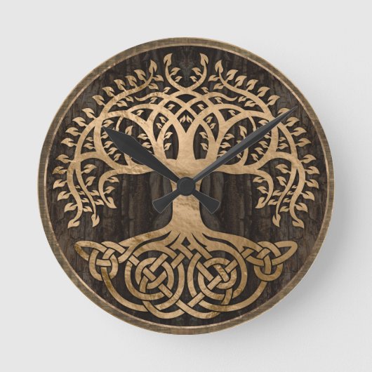 Tree of life -Yggdrasil - Wood Bark and Gold Runde Wanduhr (Vorderseite)