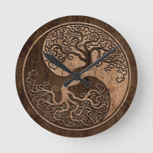 Tree of Life Yin Yang with Wood Grain Effect Runde Wanduhr
