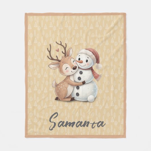 Tree pattern reindeer snowman orange beige name fleecedecke (Vorderseite)
