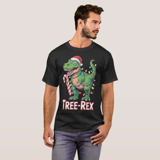 Tree-Rex – T-Rex mit Zuckerstange & Lichtern T-Shirt (Vorne ganz)
