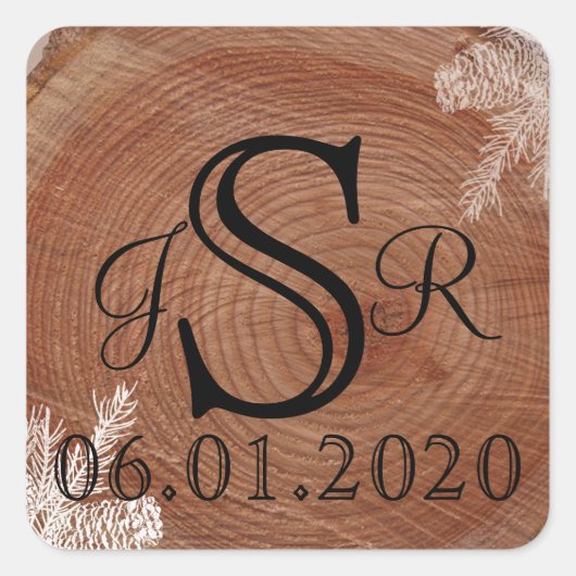 Tree Rings Rustic Country Wedding Monogram Quadratischer Aufkleber (Vorderseite)