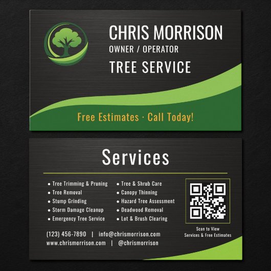 Tree Service Arborist QR Code Metallic Visitenkarte