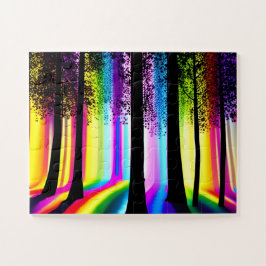Tree-Silhouetten im verzauberten Regenbogenwald Puzzle