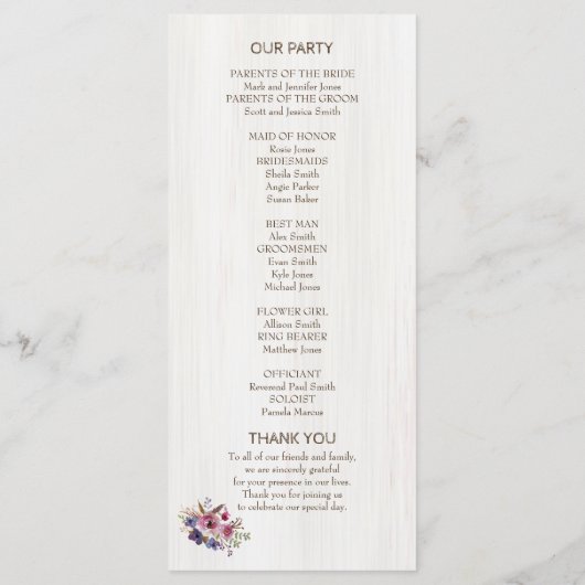 Tree Slice Stump mit Blume Hochzeitsprogramm Programm (Rückseite)