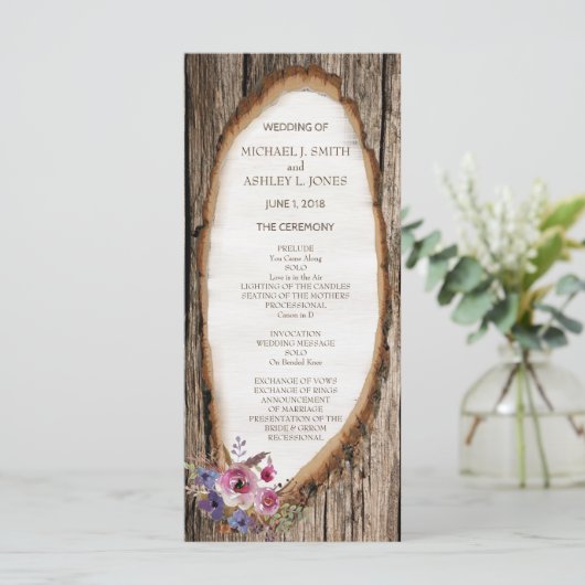 Tree Slice Stump mit Blume Hochzeitsprogramm Programm (Stehend Vorderseite)
