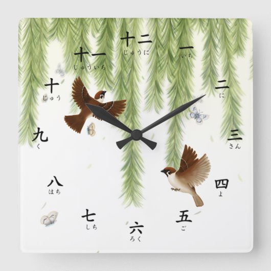 Tree Sparrows Kanji Zahlen mit Hiragana Square W Quadratische Wanduhr (Vorderseite)