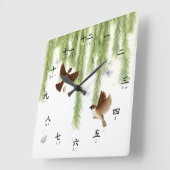 Tree Sparrows Kanji Zahlen mit Hiragana Square W Quadratische Wanduhr (Winkel)
