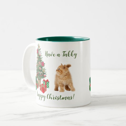 Tree Tabby Cat Happy Christmas Zweifarbige Tasse (Vorderseite Links)