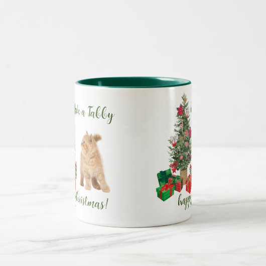 Tree Tabby Cat Happy Christmas Zweifarbige Tasse (Mittel)