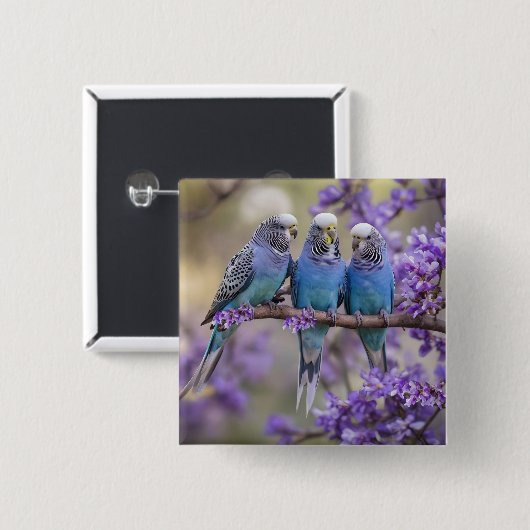 Tree Top Chatter: Blue Budgies in Jacaranda Tree, Button (Vorne & Hinten)