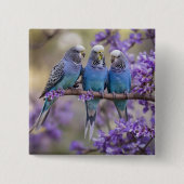 Tree Top Chatter: Blue Budgies in Jacaranda Tree, Button (Vorderseite)