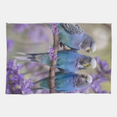 Tree Top Chatter: Blue Budgies in Jacaranda Tree, Geschirrtuch (Horizontal)