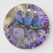 Tree Top Chatter: Blue Budgies in Jacaranda Tree, Große Wanduhr (Vorderseite)