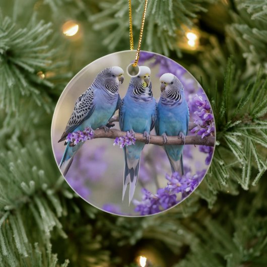 Tree Top Chatter: Blue Budgies in Jacaranda Tree, Keramik Ornament (Baum)