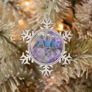 Tree Top Chatter: Blue Budgies in Jacaranda Tree, Schneeflocken Zinn-Ornament