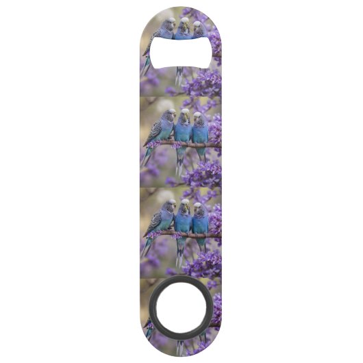 Tree Top Chatter: Blue Budgies in Jacaranda Tree, Speed Flaschenöffner (Vorderseite)