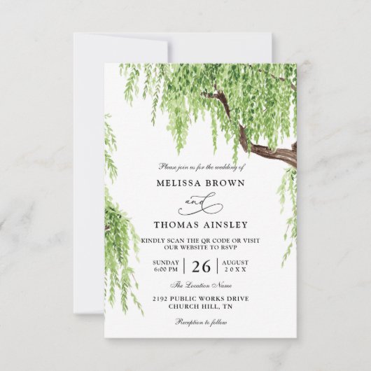 Tree Weeping Willow Budget QR Code Hochzeit Einladung (Vorderseite)
