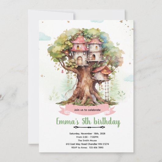 Treehouse girl party invitation einladung (Vorderseite)