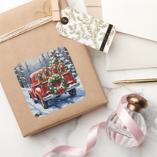 Treeing Walker Coonhound Christmas Red Truck Quadratischer Aufkleber (Schenken)
